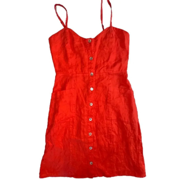 Cynthia Rowley Linen Red/Orange Button down Dress with pockets 4 - Picture 2 of 10